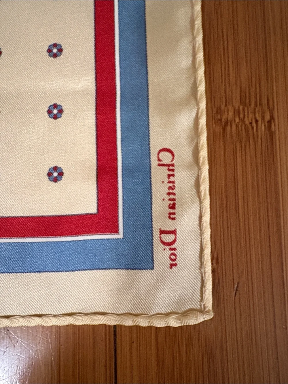 Dior Vintage Cream Silk Pocket Square with Blue and Red Border 15” X 15”